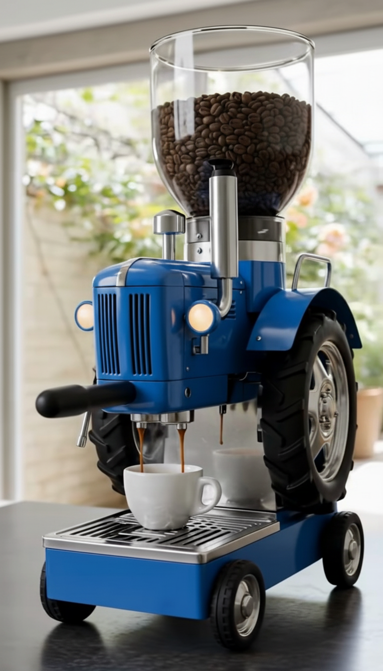 Blue coffee grinder with a transparent container of coffee beans, sitting on a surface.