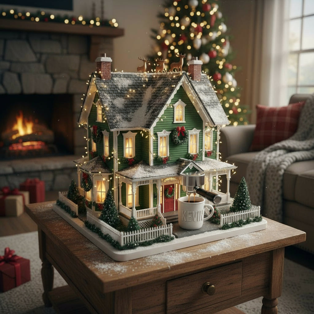 Decorative model house with lights on a table in a cozy living room with a Christmas tree and fireplace.