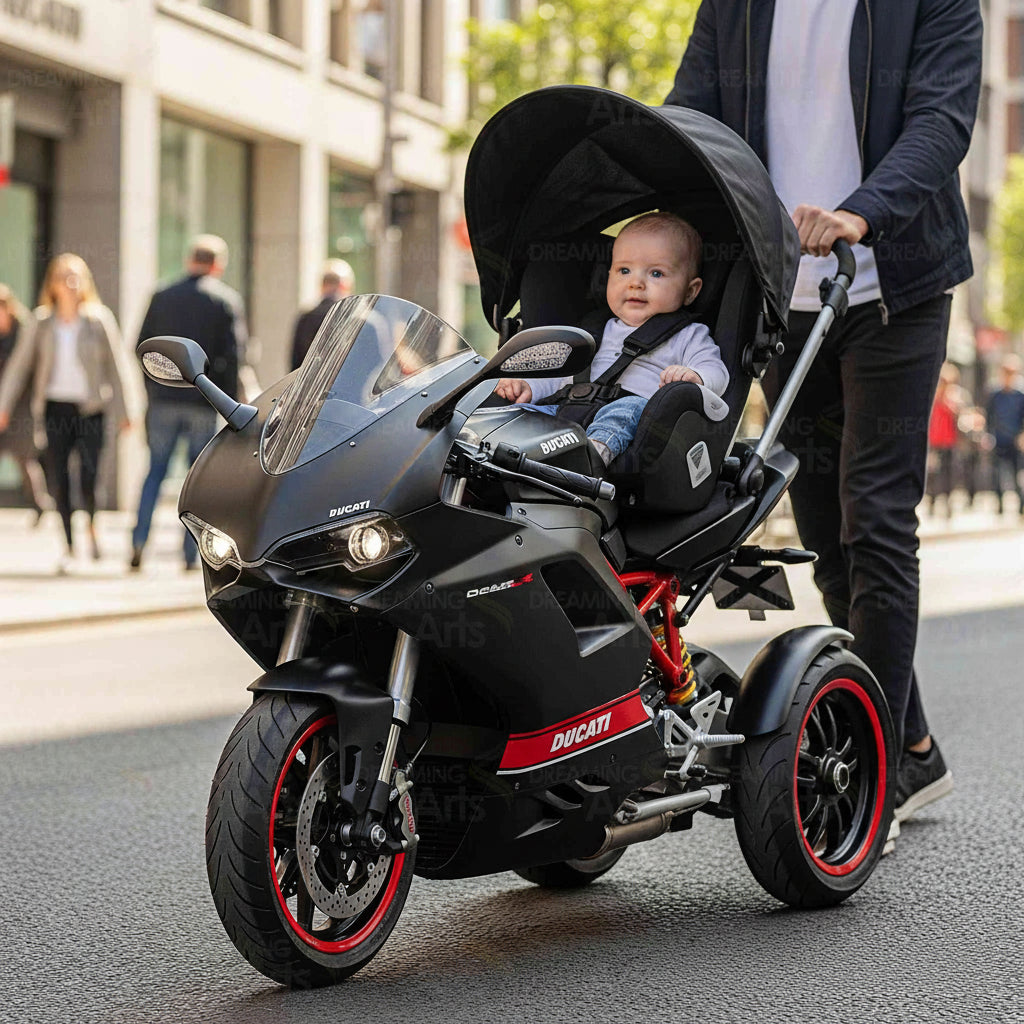 Child in a Ducati-styled stroller on a city street