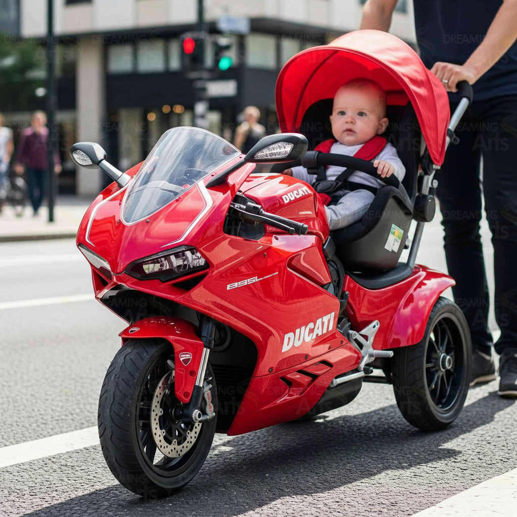 Child in a red Ducati motorcycle-themed stroller on a city street.